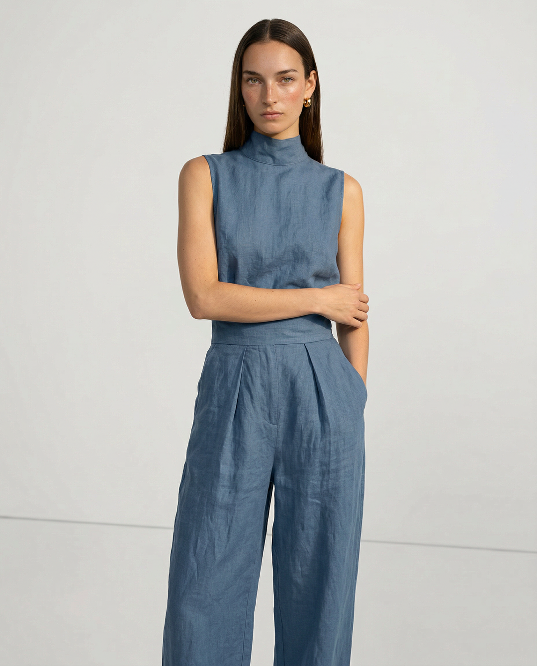 Linen-Cotton Blend Two-Piece Set with Wide-Leg Pants and Mock Turtleneck, High-Rise Relaxed Fit