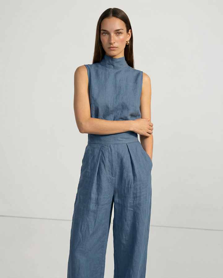 Linen-Cotton Blend Two-Piece Set with Wide-Leg Pants and Mock Turtleneck, High-Rise Relaxed Fit