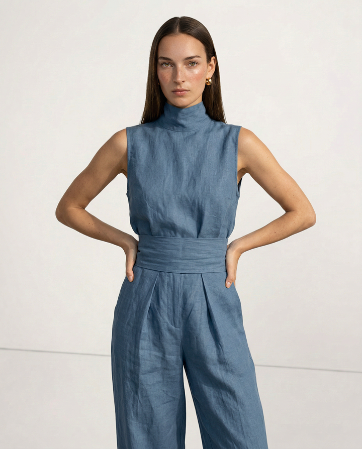 Linen-Cotton Blend Two-Piece Set with Wide-Leg Pants and Mock Turtleneck, High-Rise Relaxed Fit