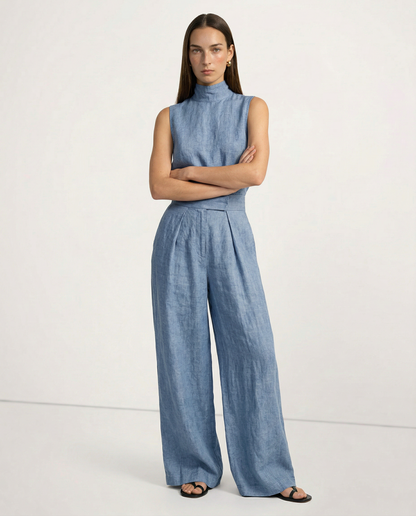 Linen-Cotton Blend Two-Piece Set with Wide-Leg Pants and Mock Turtleneck, High-Rise Relaxed Fit