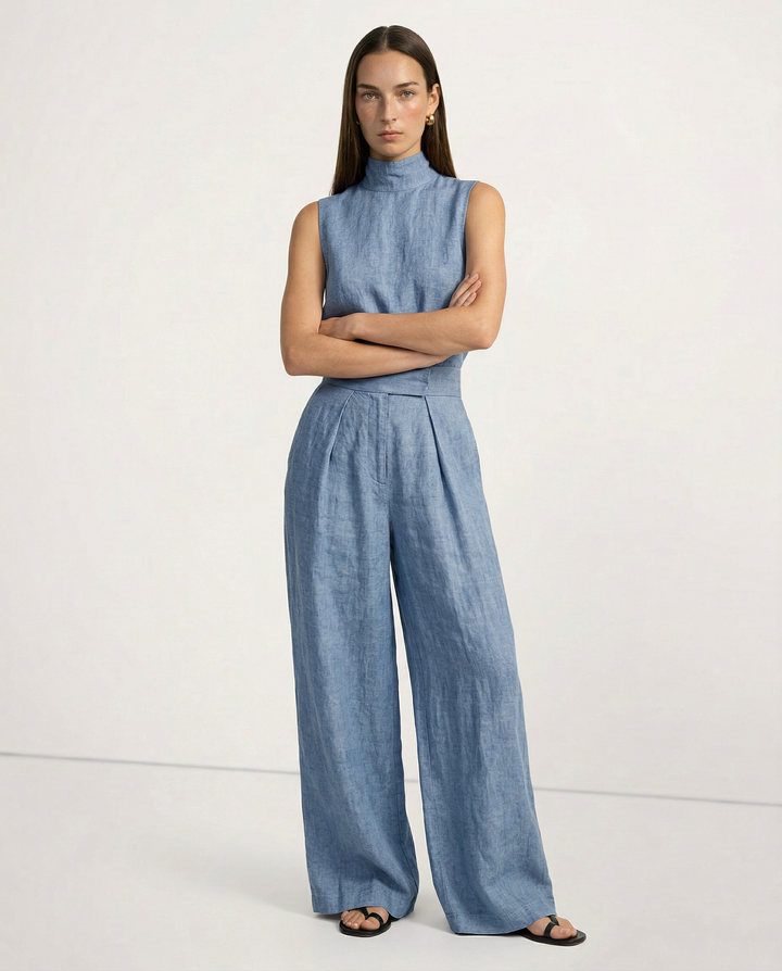 Linen-Cotton Blend Two-Piece Set with Wide-Leg Pants and Mock Turtleneck, High-Rise Relaxed Fit