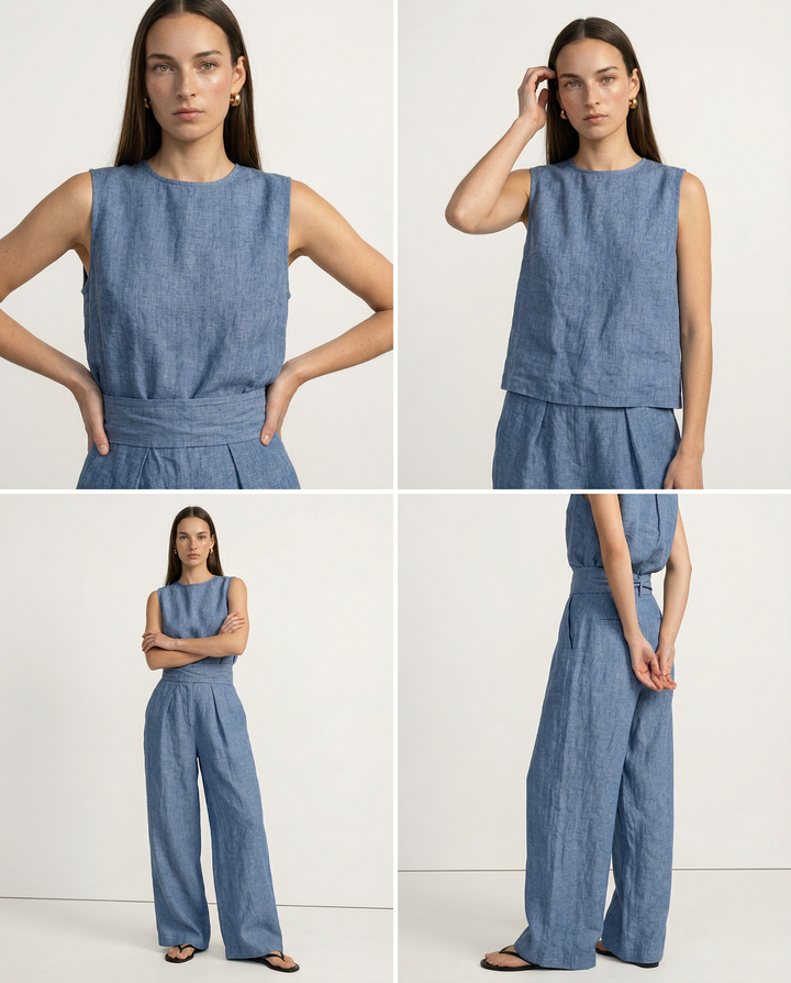 Linen-Cotton Blend Two-Piece Set with Wide-Leg Pants and Mock Turtleneck, High-Rise Relaxed Fit