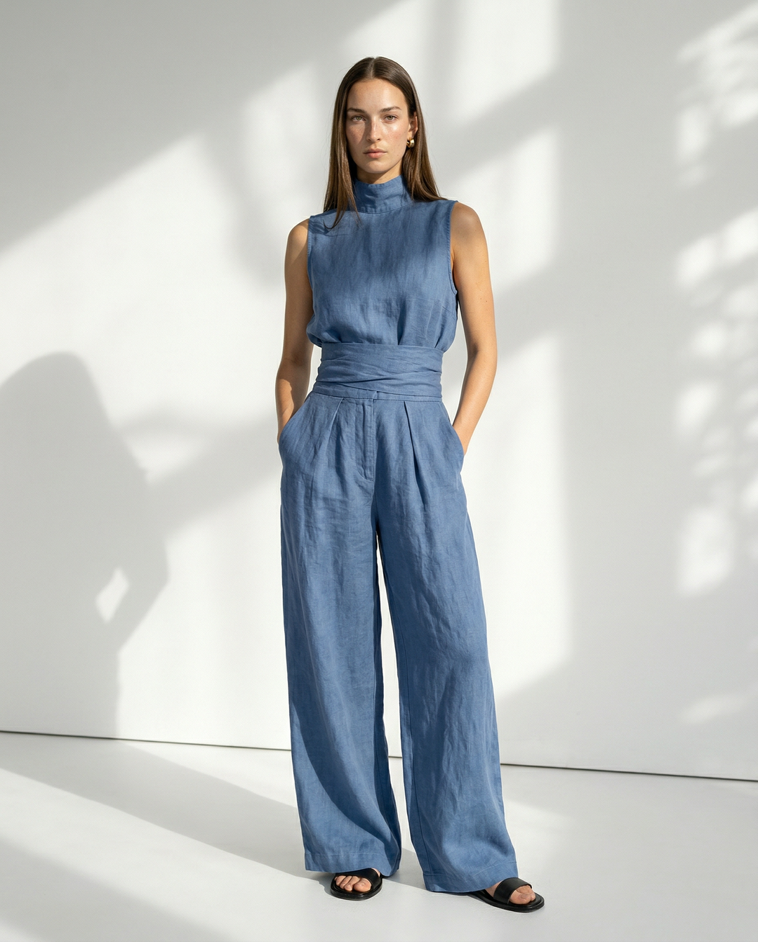 Linen-Cotton Blend Two-Piece Set with Wide-Leg Pants and Mock Turtleneck, High-Rise Relaxed Fit