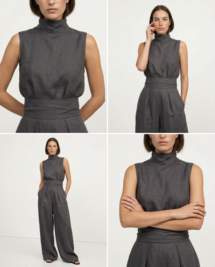 Linen-Cotton Blend Two-Piece Set with Wide-Leg Pants and Mock Turtleneck, High-Rise Relaxed Fit