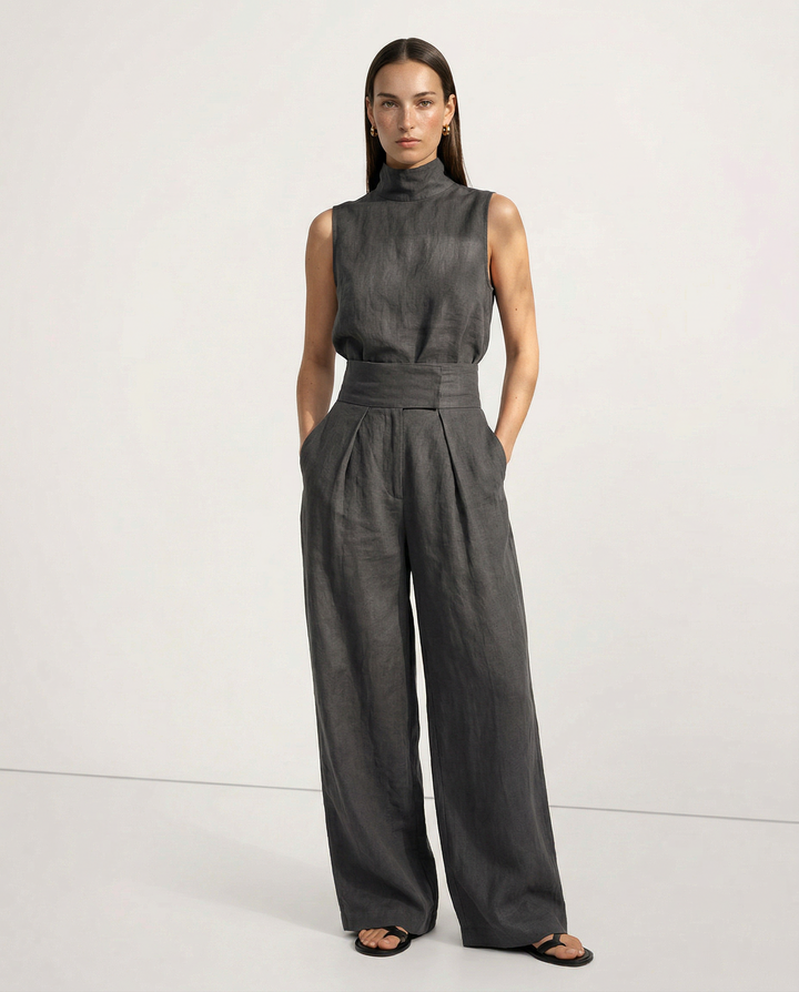 Linen-Cotton Blend Two-Piece Set with Wide-Leg Pants and Mock Turtleneck, High-Rise Relaxed Fit