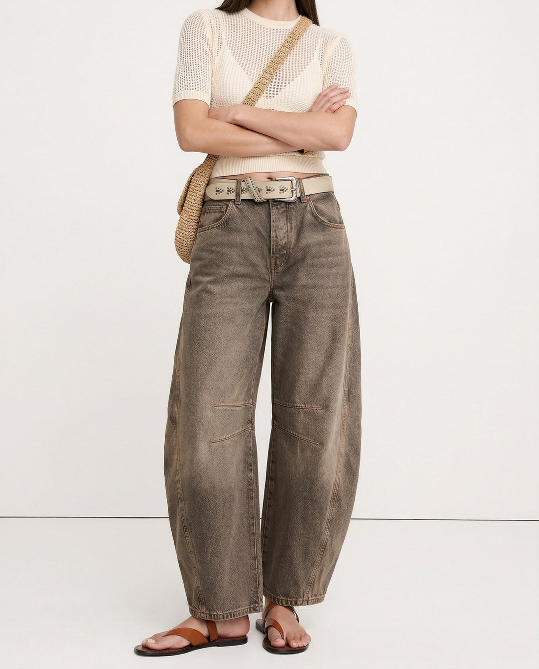 Barrel-Leg Jeans in Leopard Print with Mid-Rise Waist and Ankle-Length Wide Leg