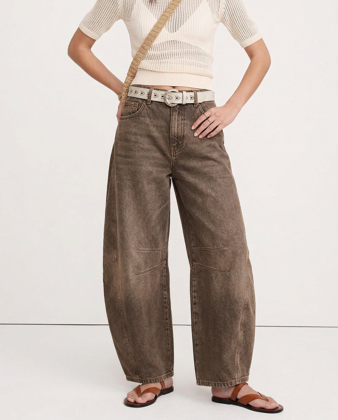 Barrel-Leg Jeans in Leopard Print with Mid-Rise Waist and Ankle-Length Wide Leg