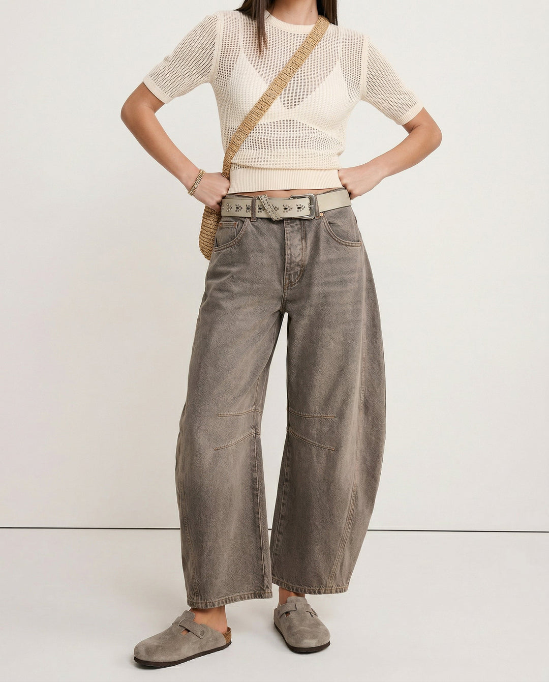 Barrel-Leg Jeans in Leopard Print with Mid-Rise Waist and Ankle-Length Wide Leg