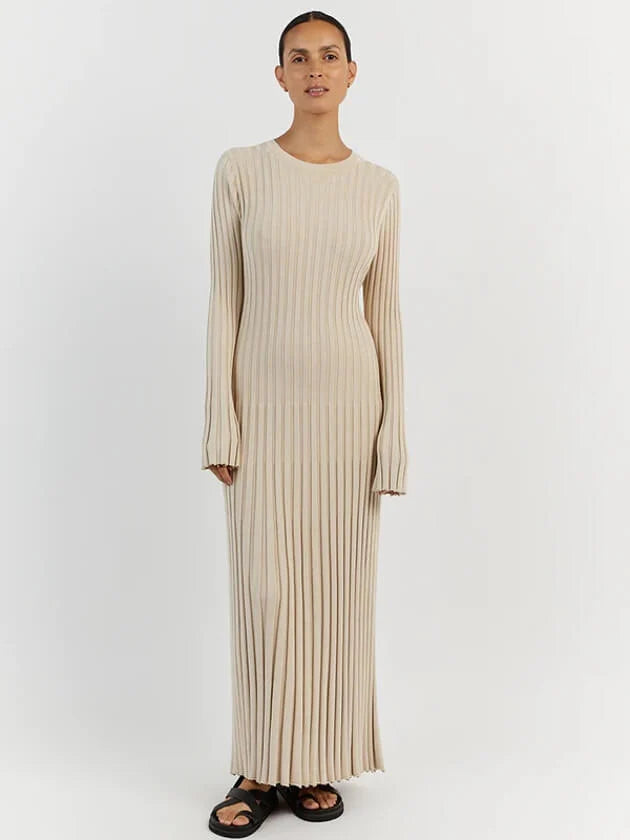 Ribbed Knit Maxi Dress for Women – A-Line, High Waist, Long Sleeve