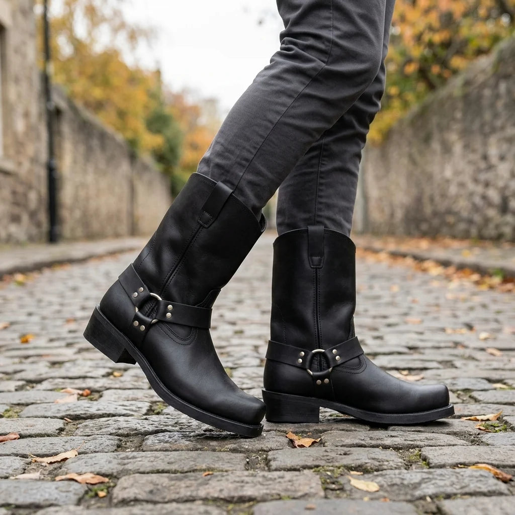 Men's Leather Short Boot – Retro Cowboy, Embossed Harness