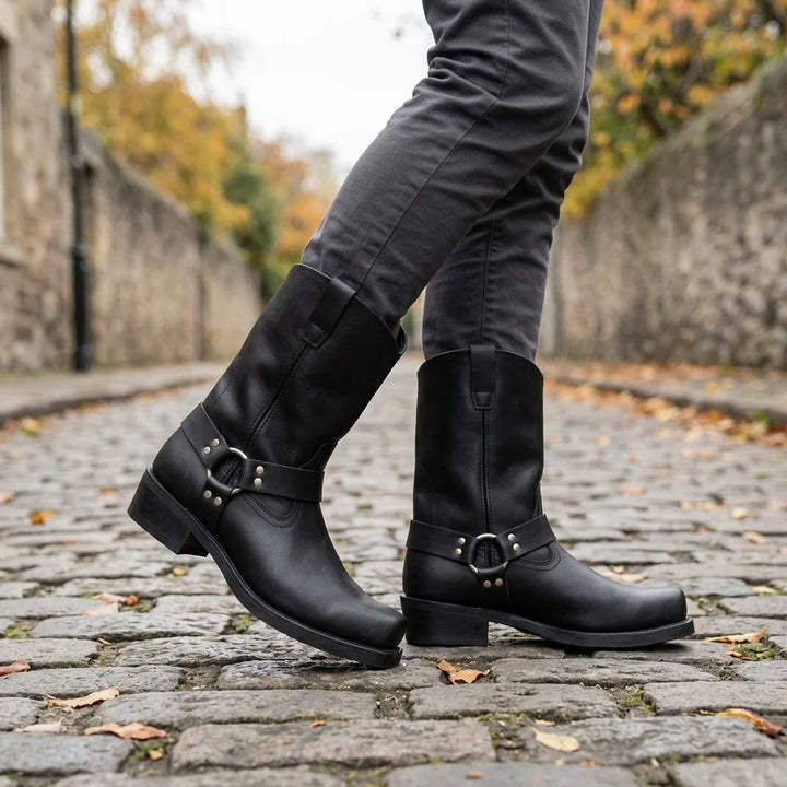 Men's Leather Short Boot – Retro Cowboy, Embossed Harness
