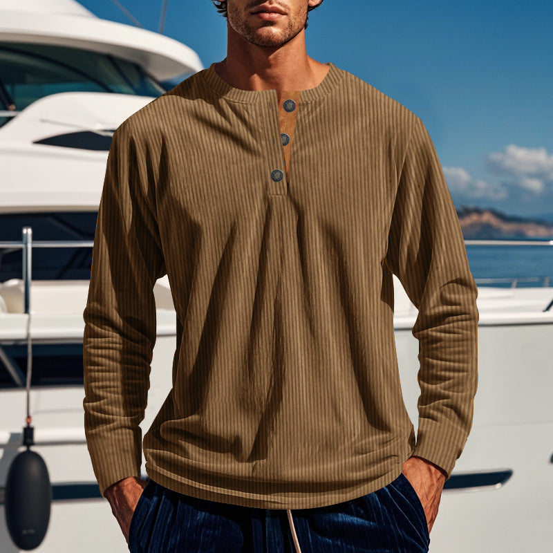 Men's Slim-Fit Corduroy Pullover Shirt – Four-Button Long Sleeve