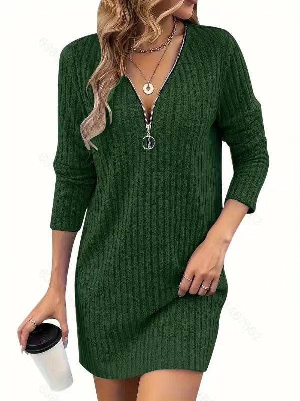 Women's Ribbed Zip-Neck Midi Dress – Relaxed Fit V-Neck Pullover