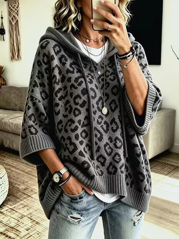 Women's Knit Leopard Print Pullover Sweater – Hooded Loose Fit