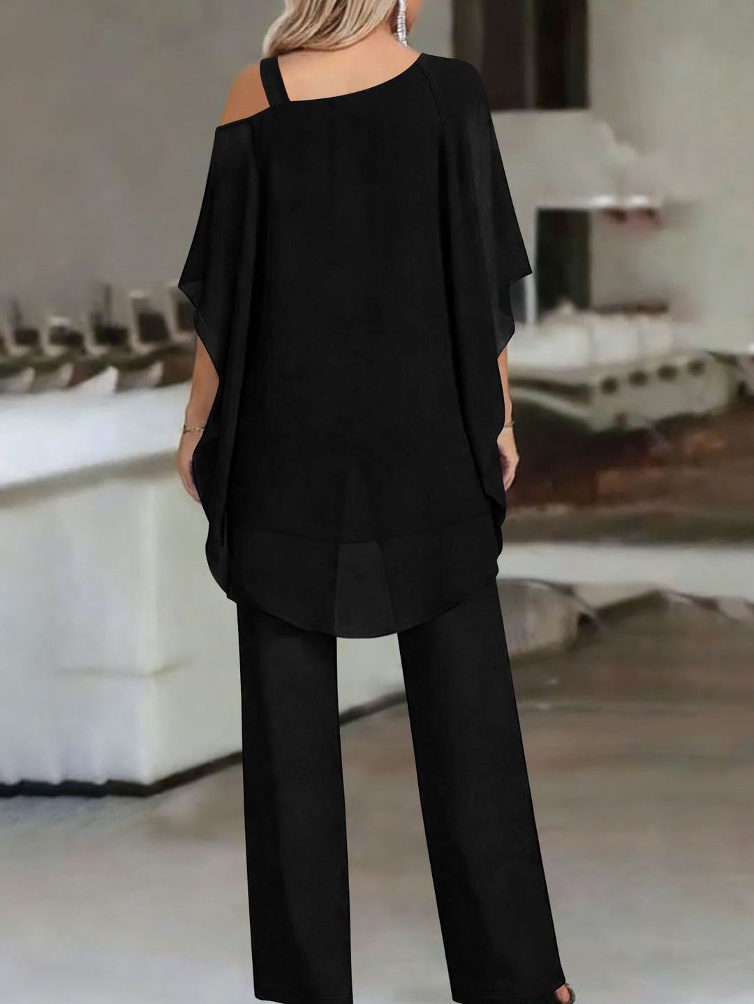 Two Piece Set in Soft Knit – Cold Shoulder Ruffle Top & Wide Leg Pants