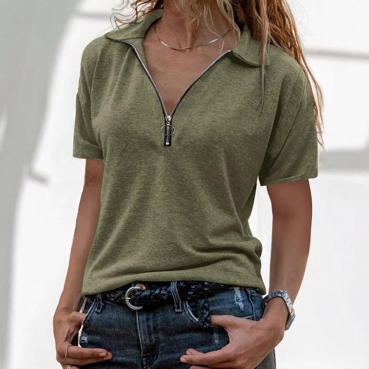 Women's Short-Sleeve Zip-Up Relaxed T-Shirt – Casual Loose Fit
