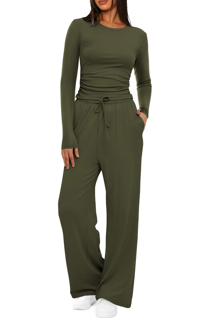 Women's Two Piece Set Wide Leg Pants & Long Sleeve Top – Relaxed Fit