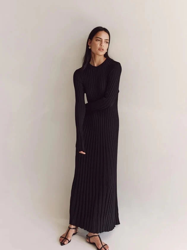 Ribbed Knit Maxi Dress for Women – A-Line, High Waist, Long Sleeve