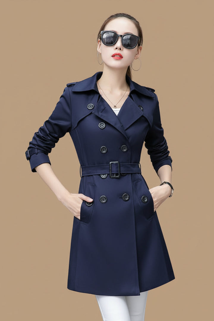 Women's Trench Coat – Slim Double Breasted Cotton Blend, Belted