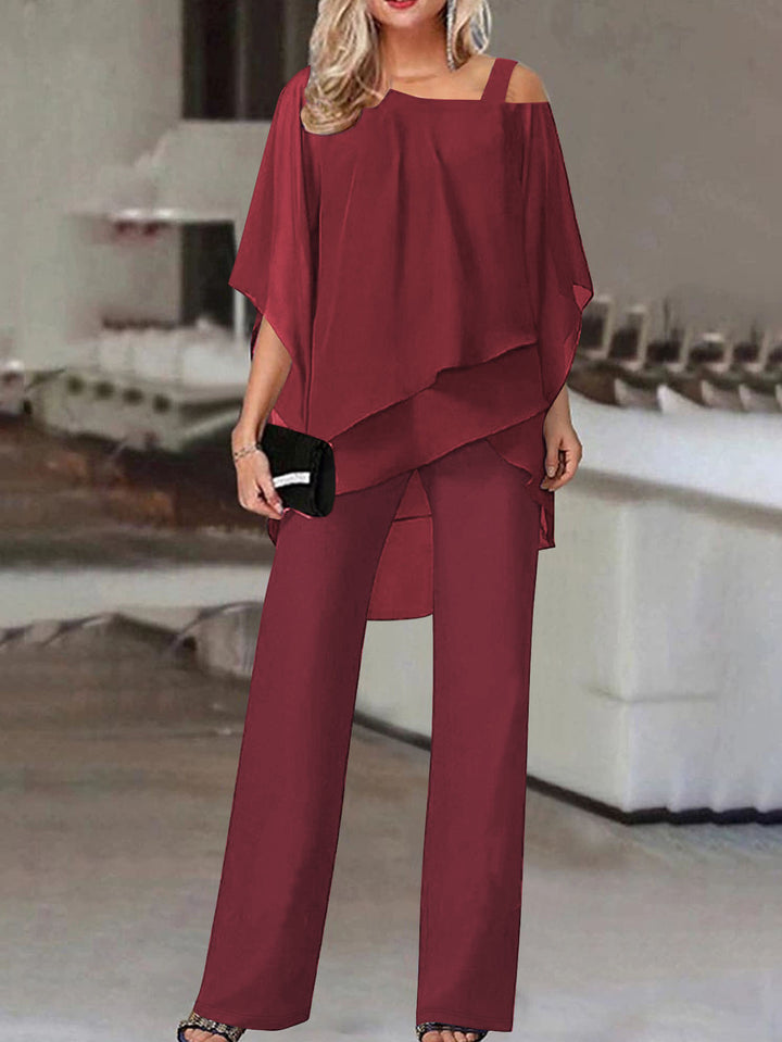 Two Piece Set in Soft Knit – Cold Shoulder Ruffle Top & Wide Leg Pants