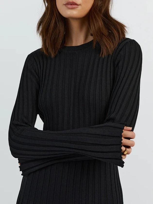 Ribbed Knit Maxi Dress for Women – A-Line, High Waist, Long Sleeve