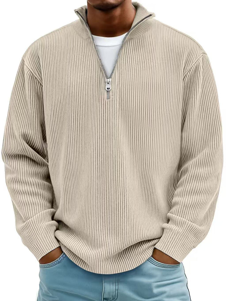 Men's Corduroy Stand Collar Sweatshirt – Zip Front, Solid Finish
