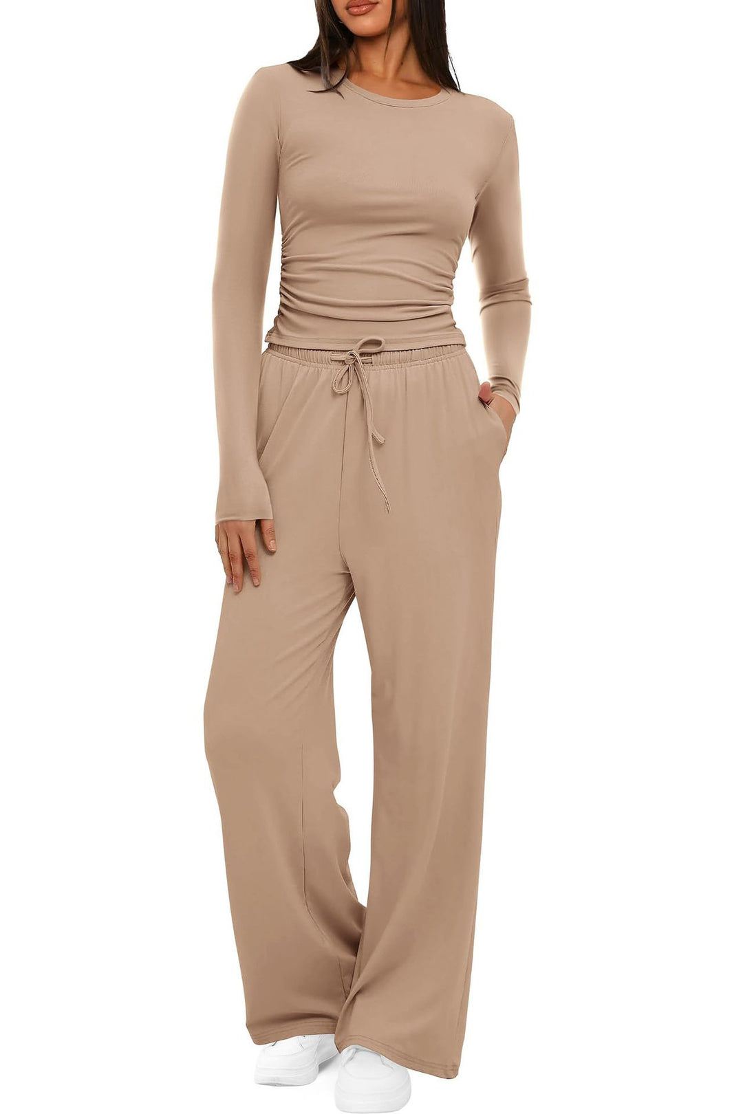Women's Two Piece Set Wide Leg Pants & Long Sleeve Top – Relaxed Fit