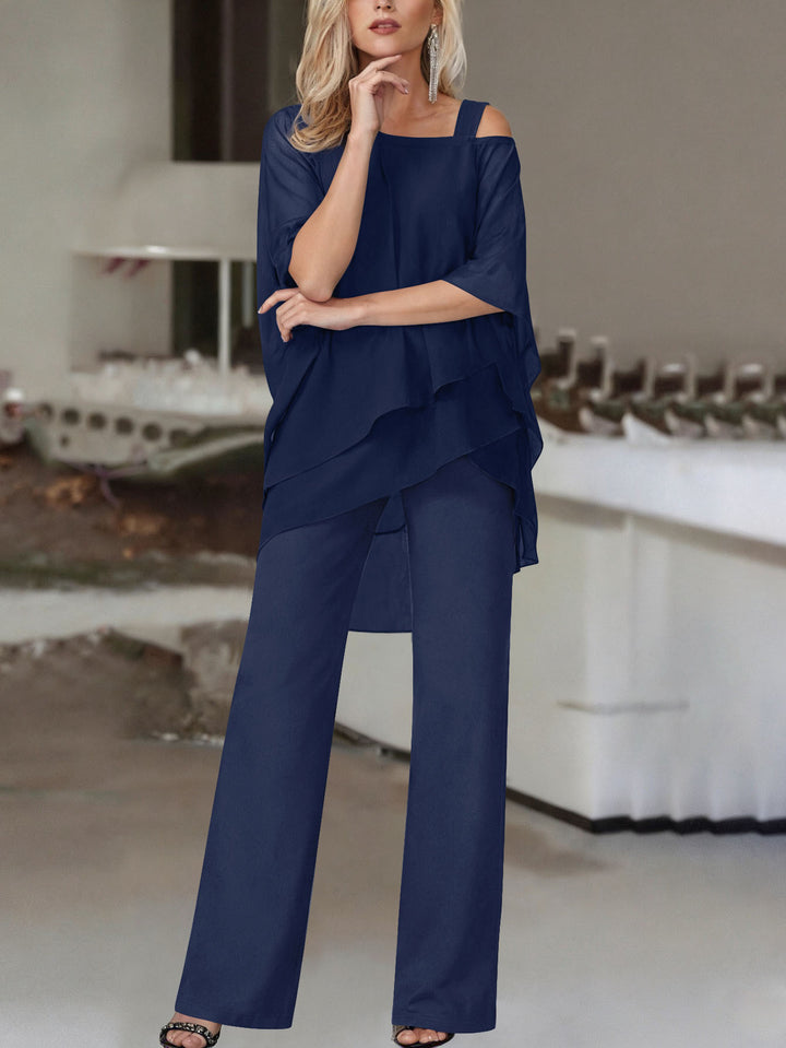 Two Piece Set in Soft Knit – Cold Shoulder Ruffle Top & Wide Leg Pants