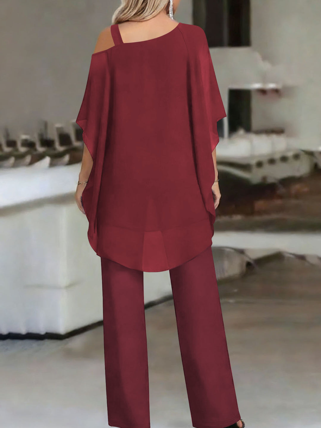 Two Piece Set in Soft Knit – Cold Shoulder Ruffle Top & Wide Leg Pants