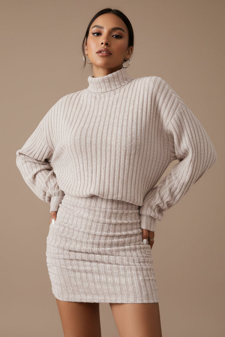 Women's Ribbed Knit Two Piece Set – Long Sleeve High Neck Suit