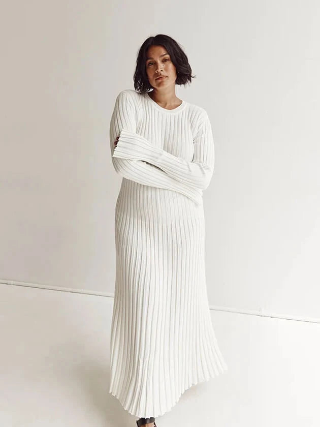 Ribbed Knit Maxi Dress for Women – A-Line, High Waist, Long Sleeve