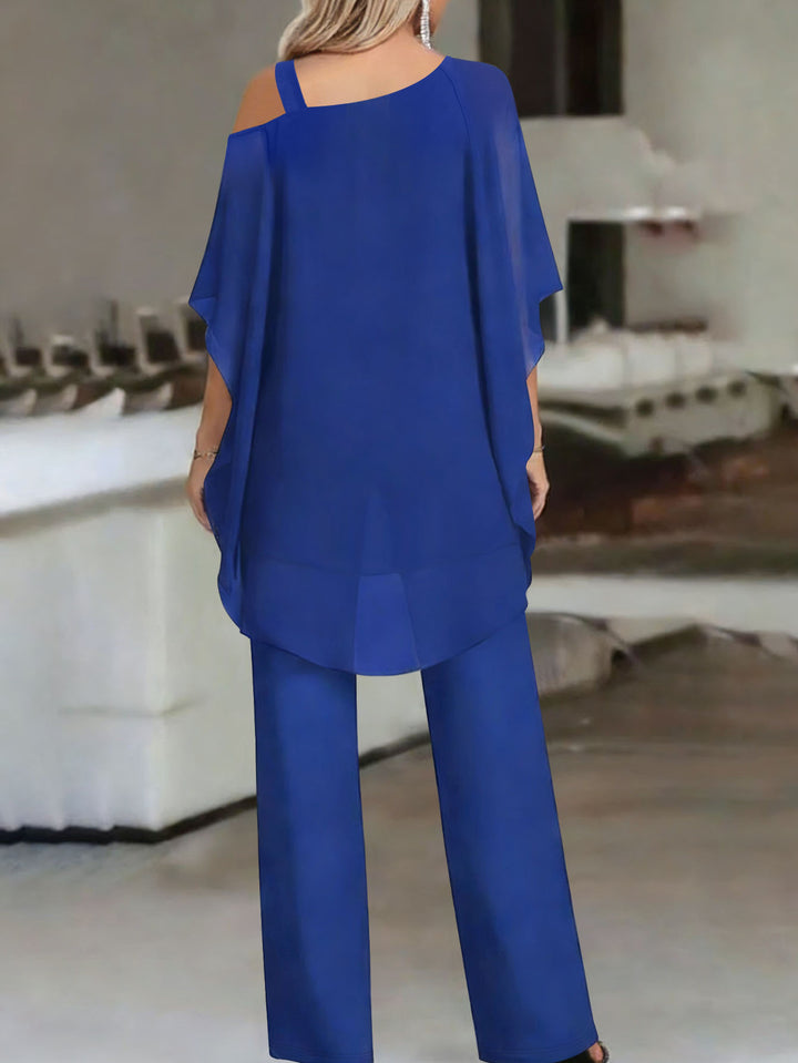 Two Piece Set in Soft Knit – Cold Shoulder Ruffle Top & Wide Leg Pants