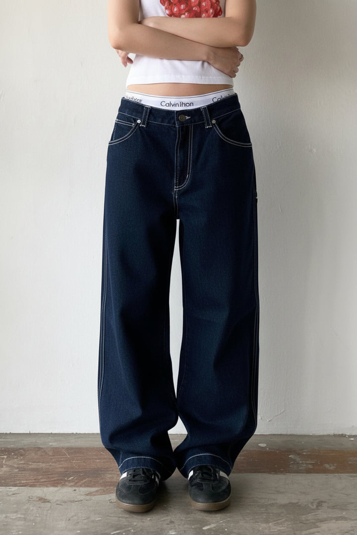 Women's Loose Wide Leg Jeans – Retro Embroidered Pocket Detail