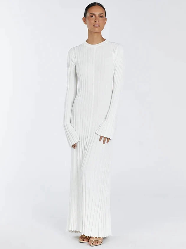 Ribbed Knit Maxi Dress for Women – A-Line, High Waist, Long Sleeve