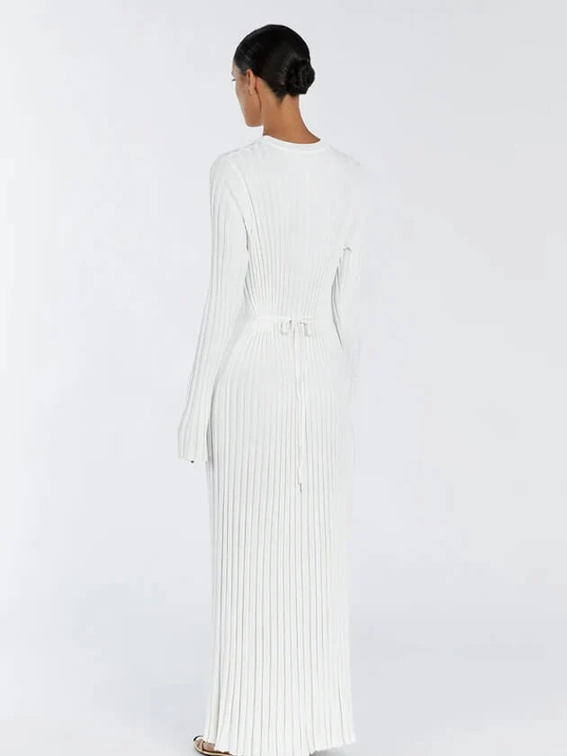 Ribbed Knit Maxi Dress for Women – A-Line, High Waist, Long Sleeve