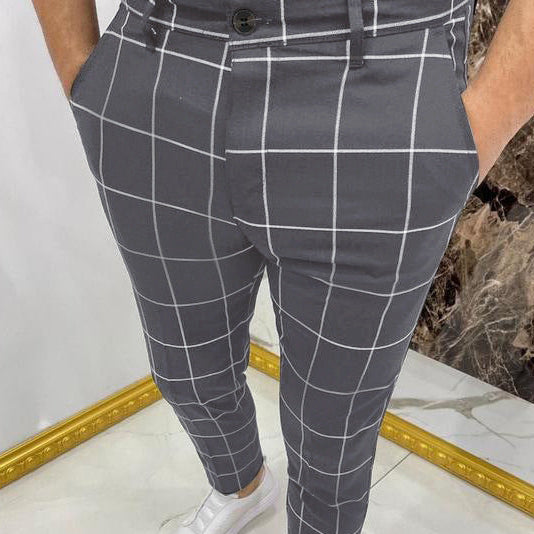 Men's Plaid Cotton Trousers – Slim Mid-Rise Cut with Stretch