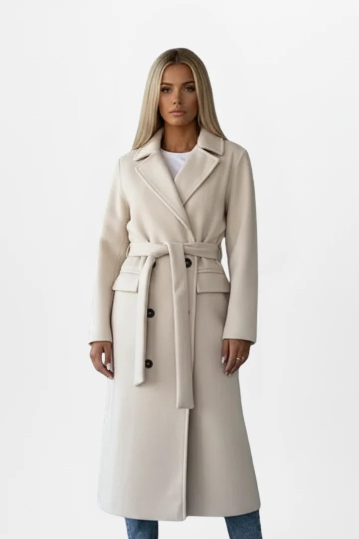Women's Long Wool Coat – Double Breasted Belted Split Hem Overcoat
