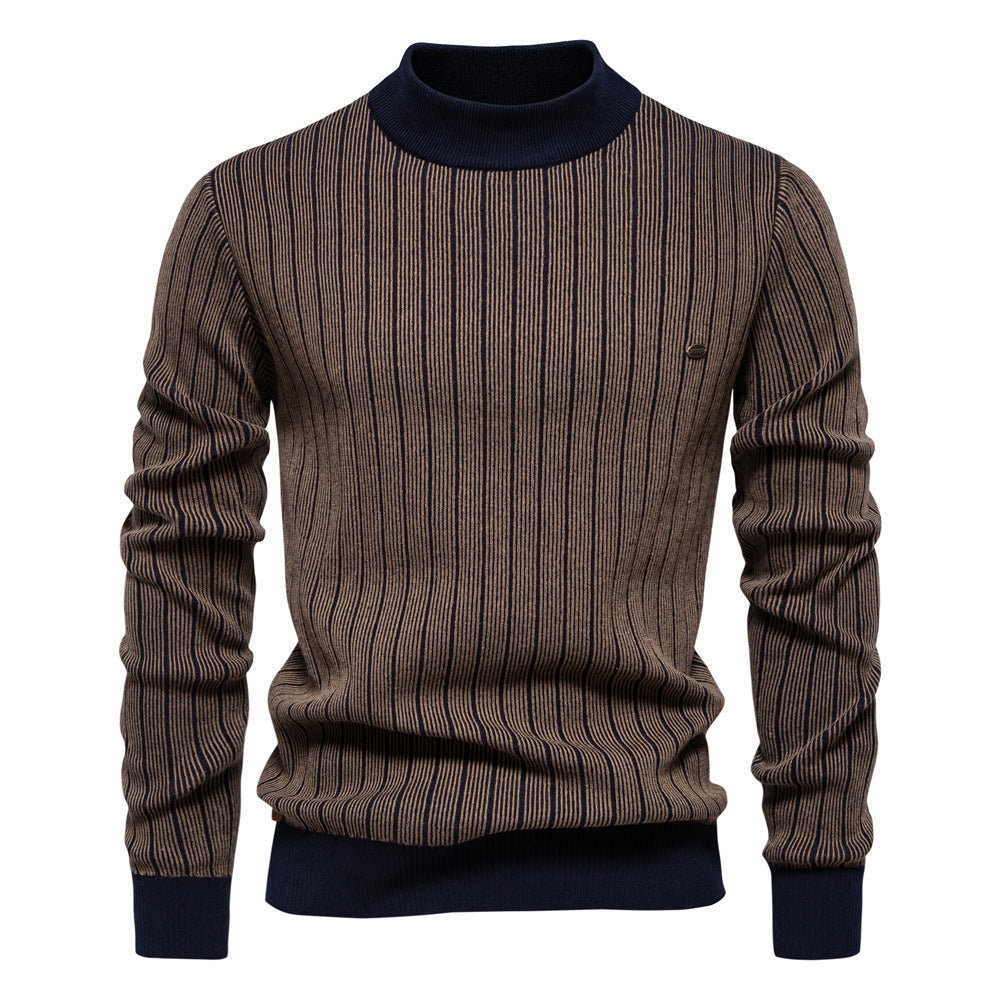 Men's Cotton Blend Slim Pullover Top – Half Turtleneck Striped Design