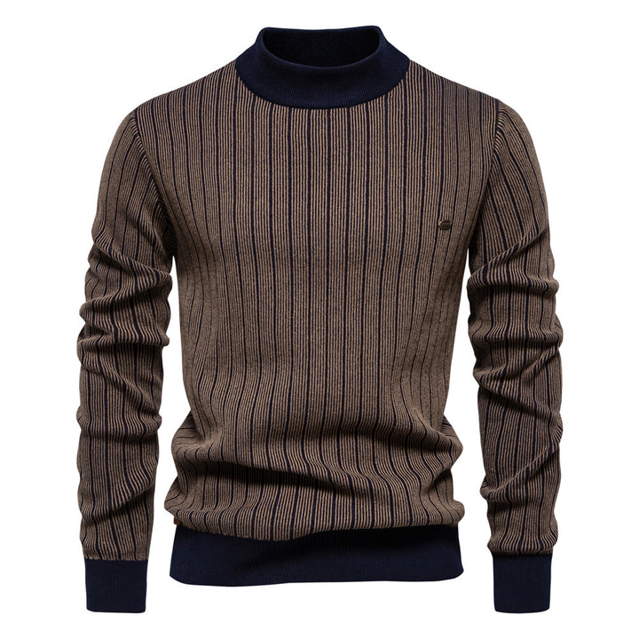 Men's Cotton Blend Slim Pullover Top – Half Turtleneck Striped Design