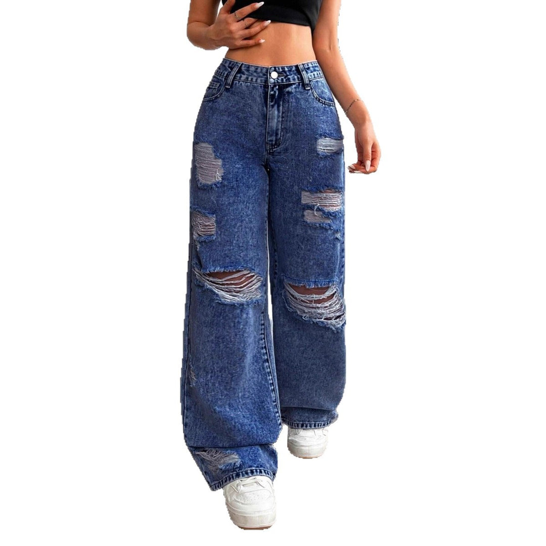 Women's High Waist Straight Leg Jeans – Distressed Hole Detail