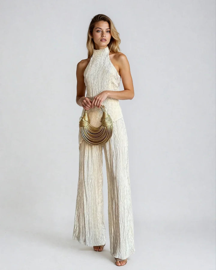 Women's Asymmetrical Off Shoulder Set – Pleated Elastic Waist Trousers