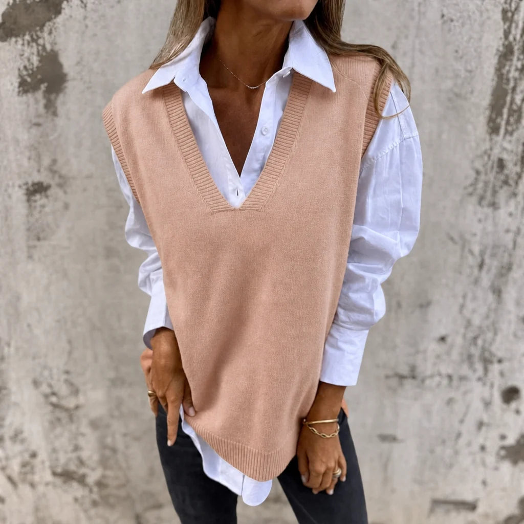 Women's V-Neck Knitted Sweater Vest – Relaxed Pullover Layer
