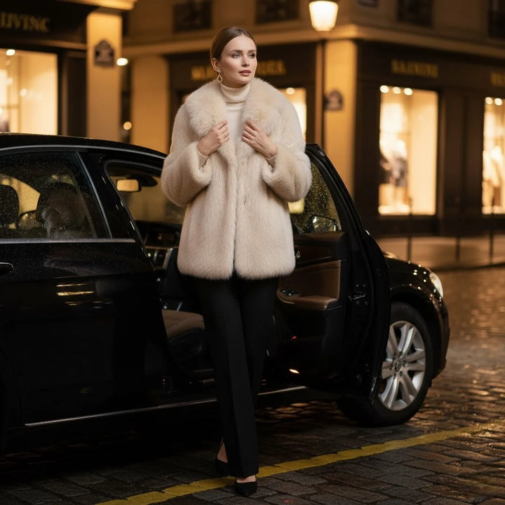 Women's Winter Coat – Soft Drape with Faux Fur Collar