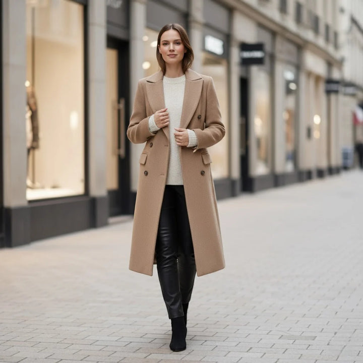 Women's Wool Blend Double-Breasted Coat with Notched Collar