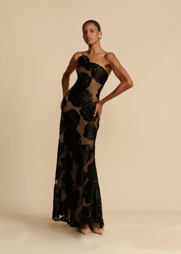 Women's Floral Maxi Dress – Satin Drape, Asymmetric Sling Shoulder