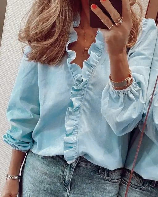 Women's Printed V-Neck Long Sleeve Blouse – Soft Stretch Drape