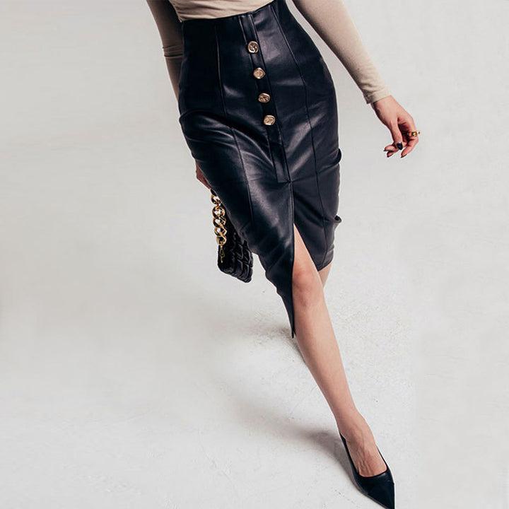 Women's Vegan Leather Over-the-Knee Skirt – Button Front Slit Detail