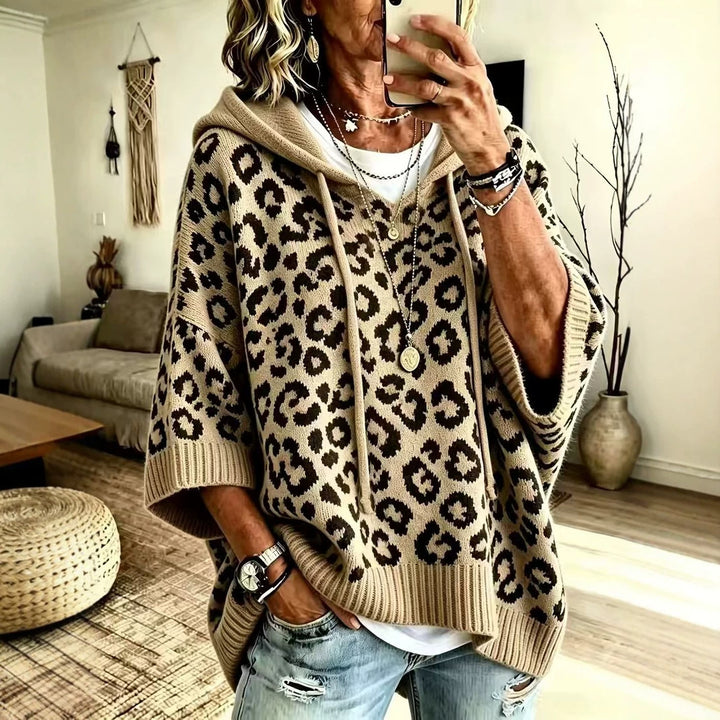 Women's Knit Leopard Print Pullover Sweater – Hooded Loose Fit