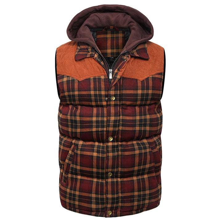 Men's Plaid Hooded Vest – Thick Padded Sleeveless Outerwear