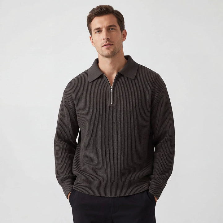Men's Knit Zip Sweater – Textured Cotton, Relaxed Fit, Modern Collar